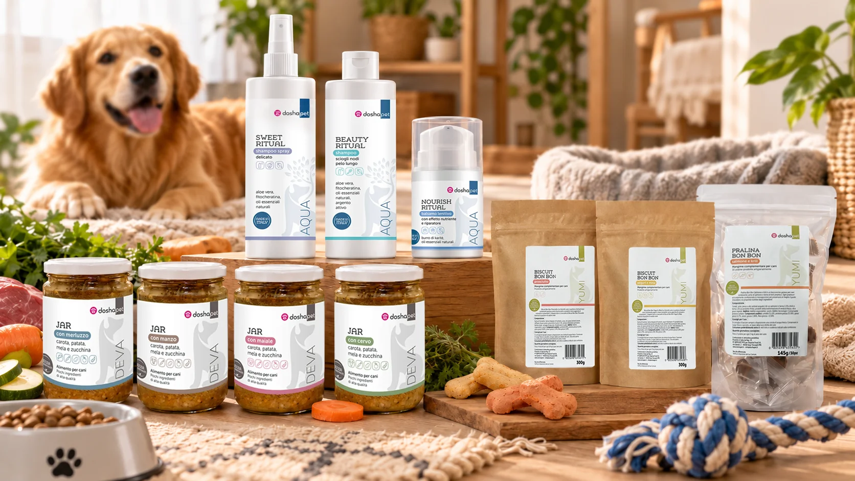 Gamma completa di prodotti Doshapet per l'alimentazione naturale dei cani, con packaging progettato da EDEMPG e un cane sullo sfondo.