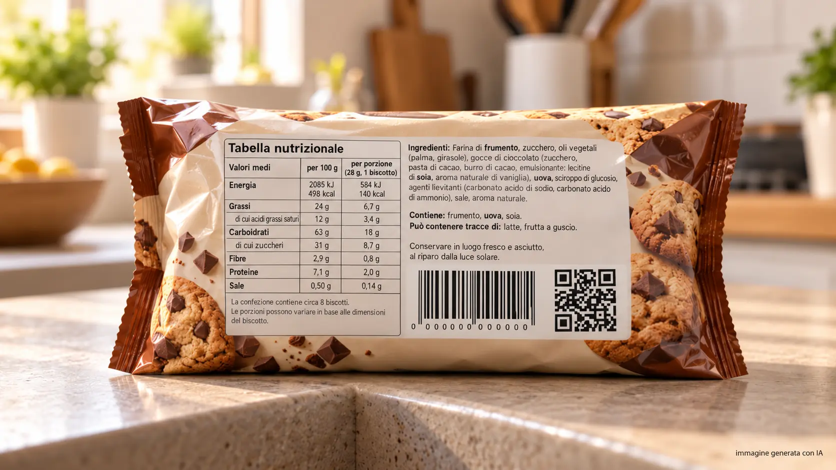 Confezione di biscotti al cioccolato in cucina luminosa