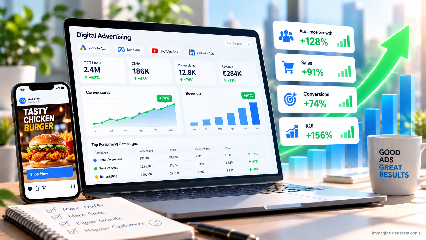 Dashboard di pubblicità digitale su laptop e annuncio sponsorizzato su smartphone