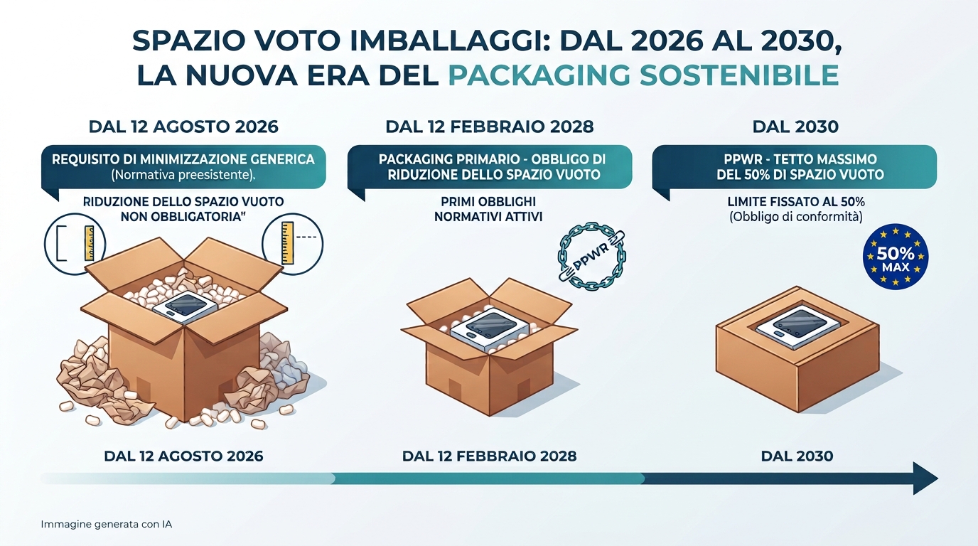 Infografica sulle scadenze del Regolamento UE PPWR 2025/40 per la minimizzazione dello spazio vuoto negli imballaggi dal 2026 al 2030.