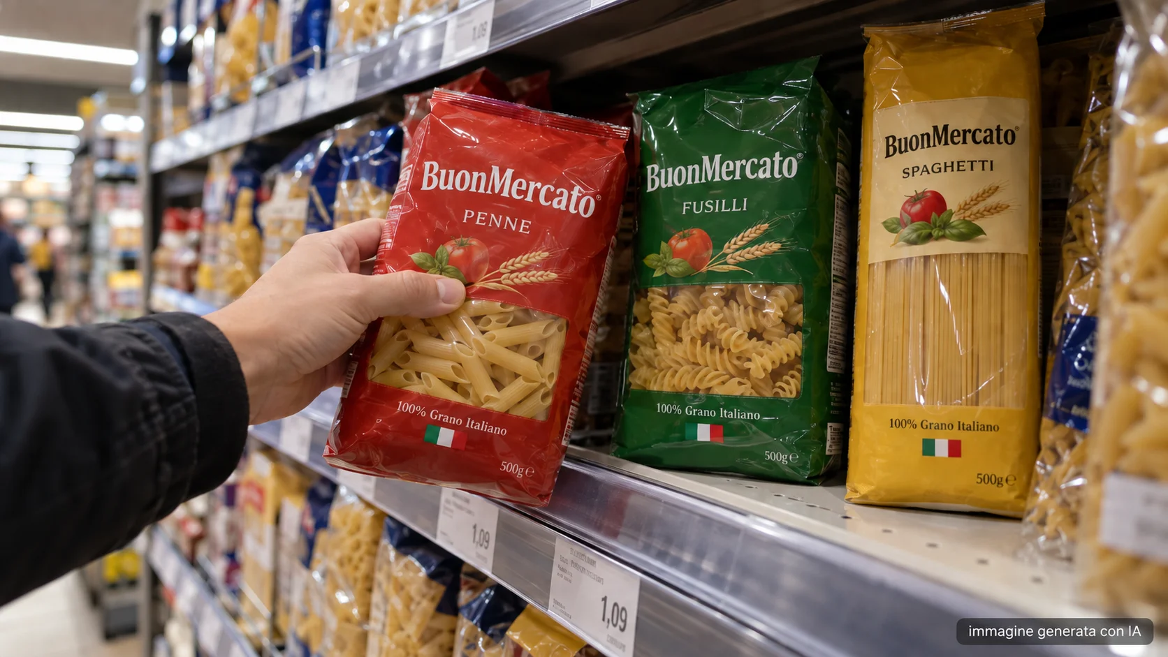 Packaging private label di pasta esposto sullo scaffale della GDO